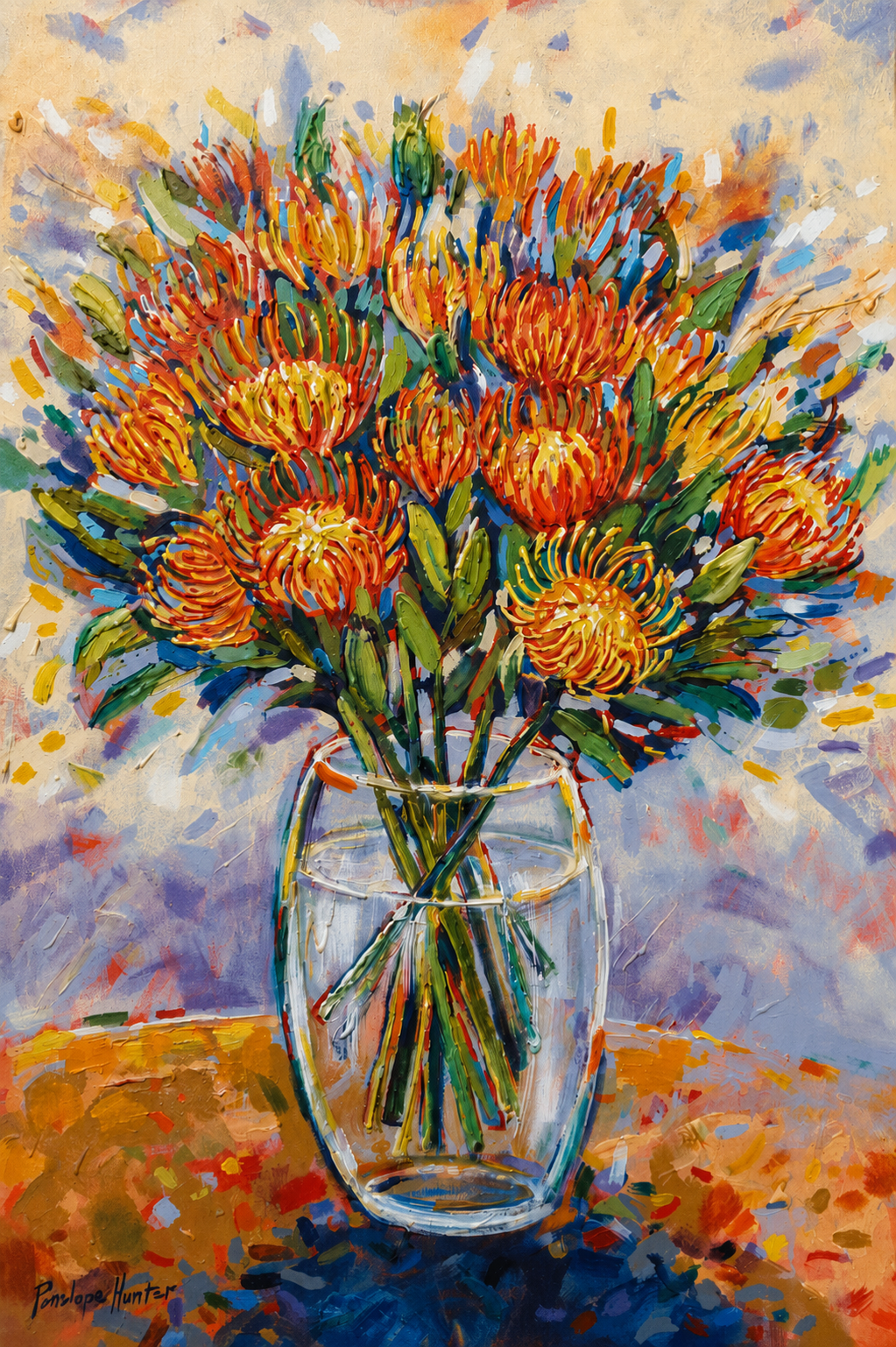 Penelope Hunter original acrylic painting on stretched canvas depicting a vibrant bouquet of proteas and pincushion flowers in a clear glass vase
