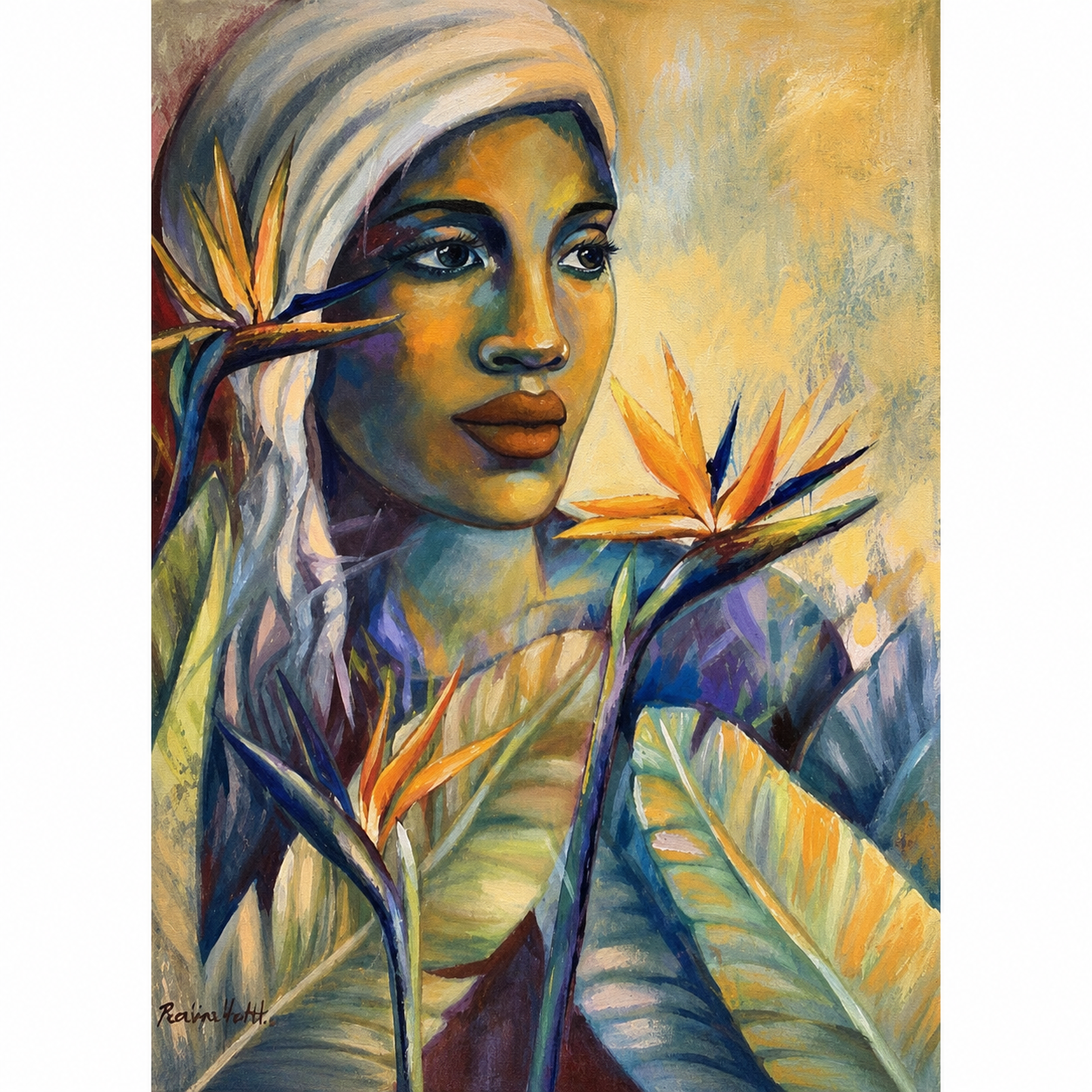 Penelope Hunter original acrylic painting on stretched canvas depicting a woman in a headwrap surrounded by bird of paradise flowers and leaves