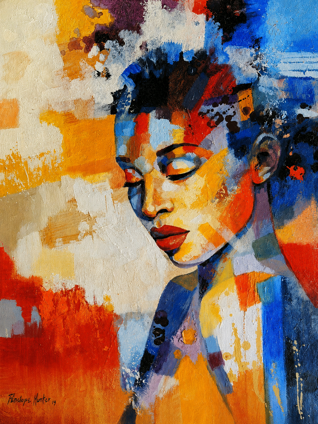 Penelope Hunter original acrylic painting on stretched canvas depicting a woman with closed eyes surrounded by blue, orange and red abstract colour