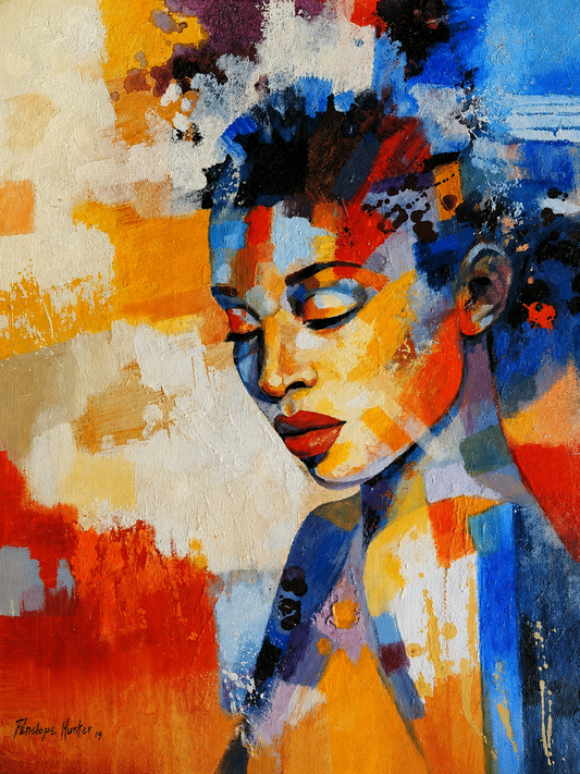 Penelope Hunter original acrylic painting on stretched canvas depicting a woman with closed eyes surrounded by blue, orange and red abstract colour
