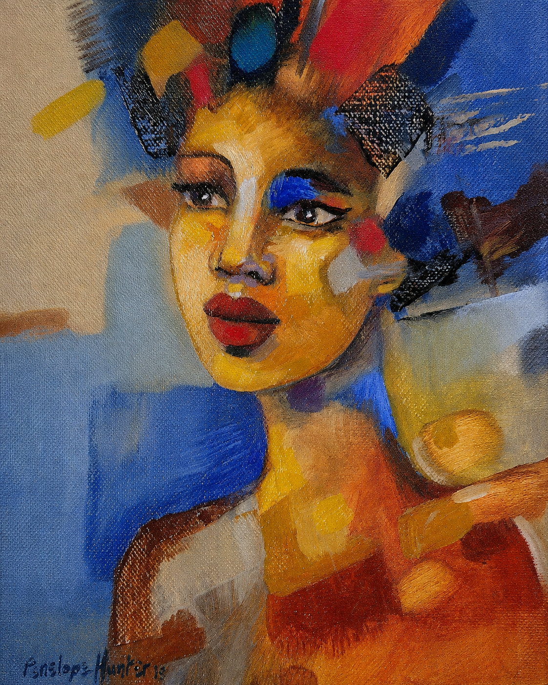 Penelope Hunter original acrylic painting on stretched canvas depicting a poised woman wearing a colourful abstract feather headpiece