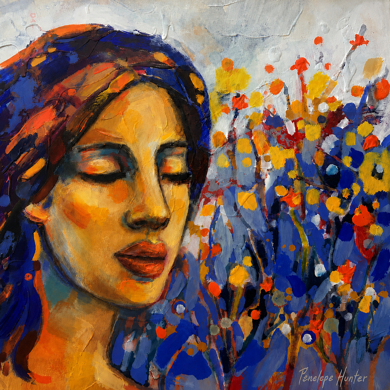 Penelope Hunter original acrylic painting on stretched canvas depicting a serene woman with closed eyes beside colourful abstract flowers