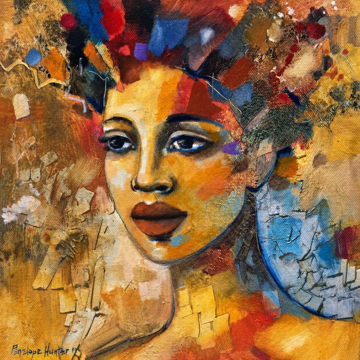 Penelope Hunter original acrylic painting on stretched canvas depicting a woman against a richly layered golden brown and blue abstract background
