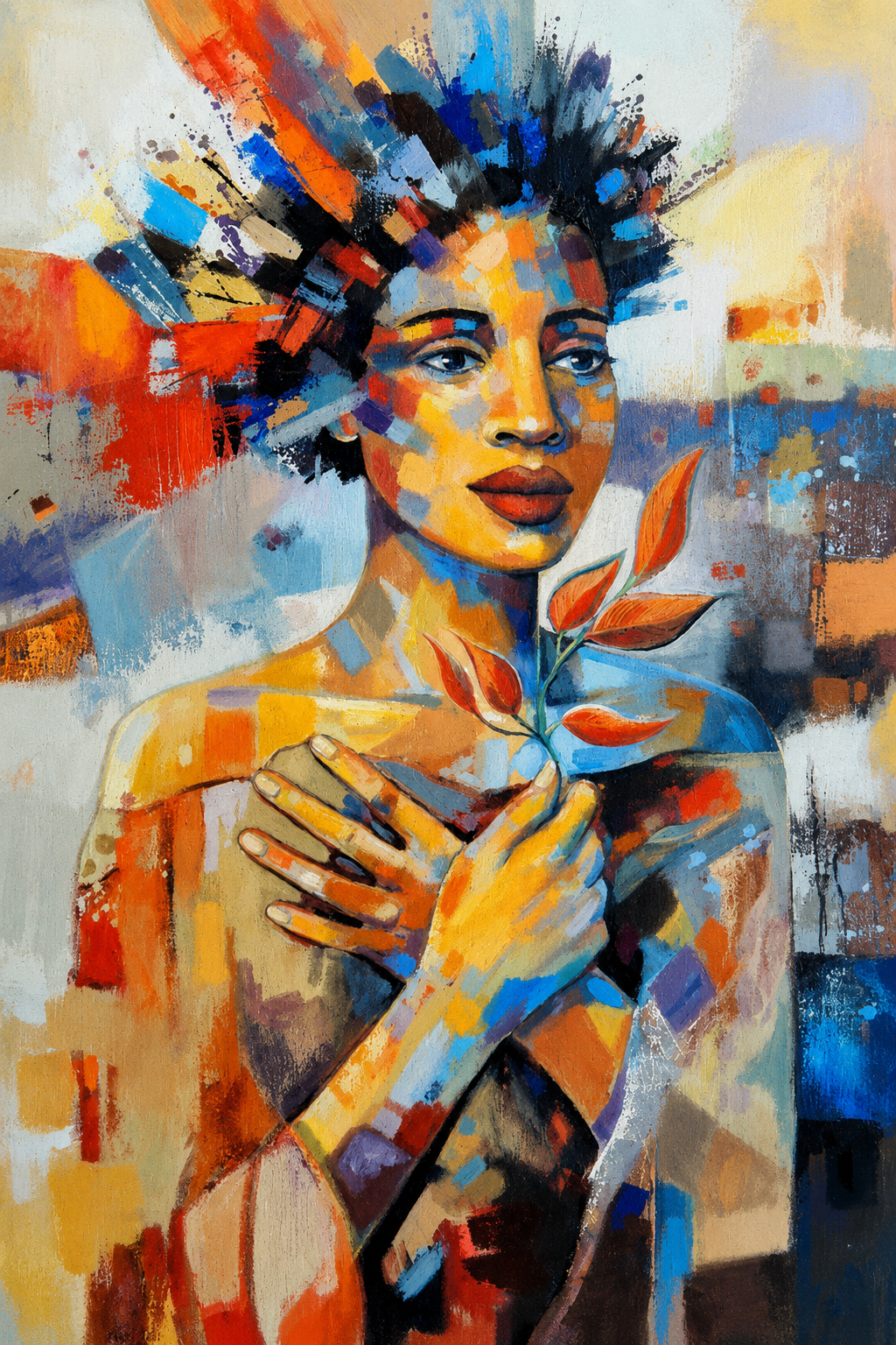 Penelope Hunter original acrylic painting on stretched canvas depicting a woman holding her hands across her chest beside a leafy botanical stem