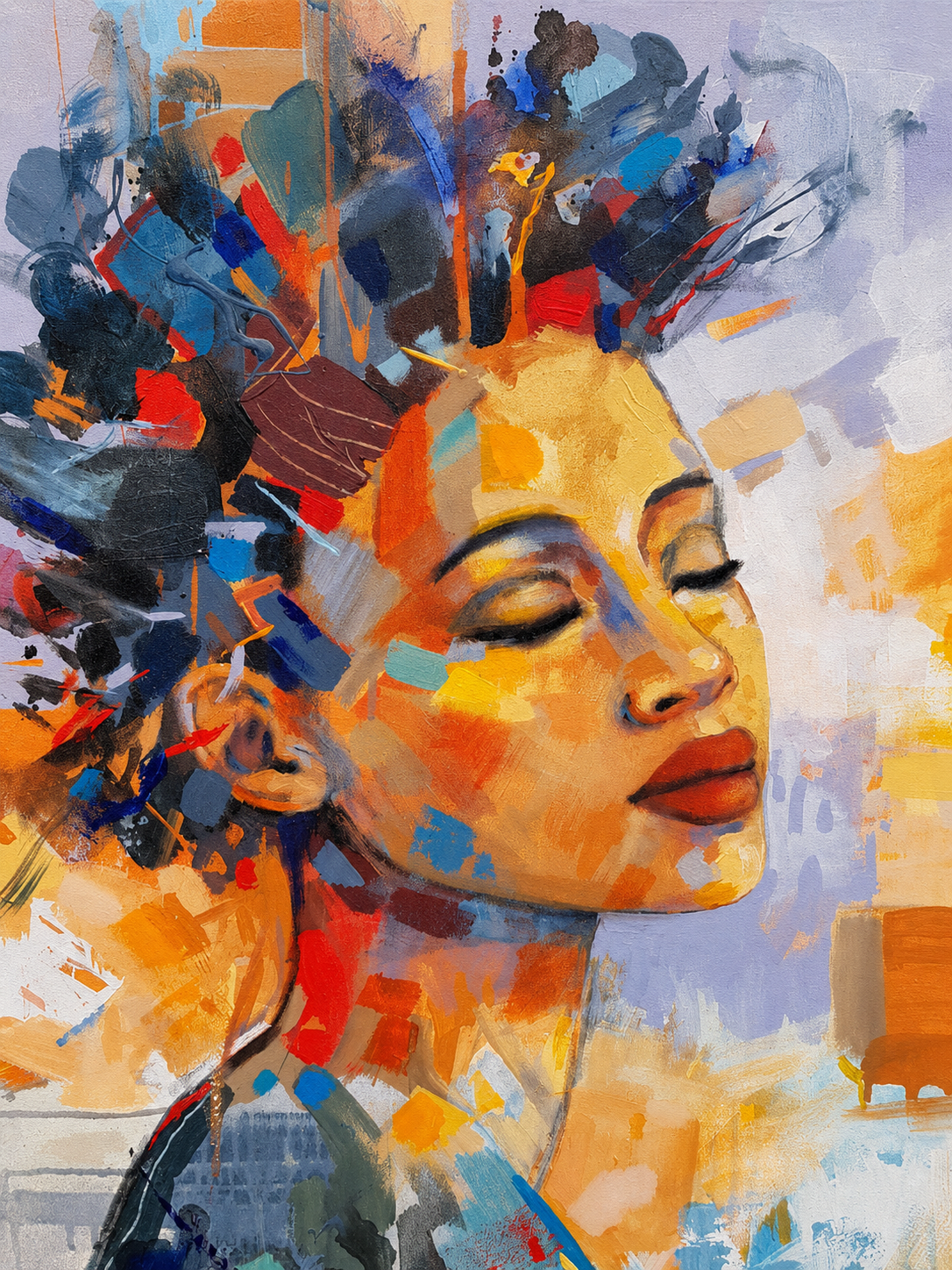 Penelope Hunter original acrylic painting on stretched canvas depicting a serene woman in profile beneath a colourful geometric headpiece