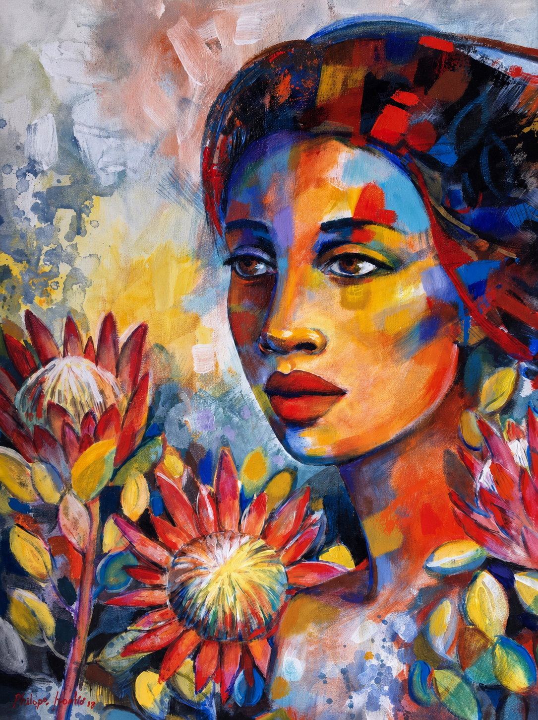 Penelope Hunter original acrylic painting on stretched canvas depicting a colourful woman in profile beside vibrant protea flowers