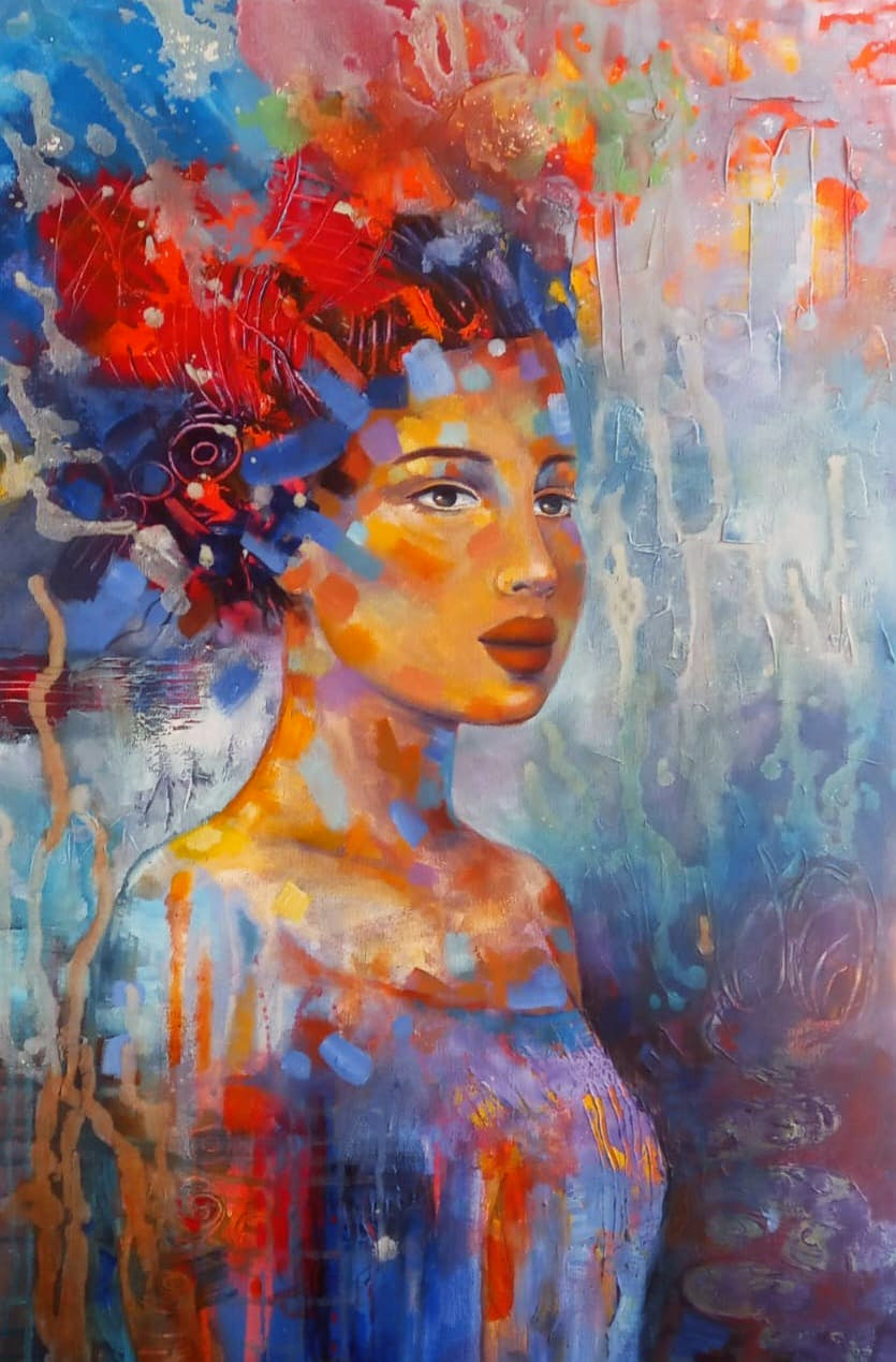 Penelope Hunter original acrylic painting on stretched canvas depicting a stylised woman in profile emerging through red and blue abstract colour