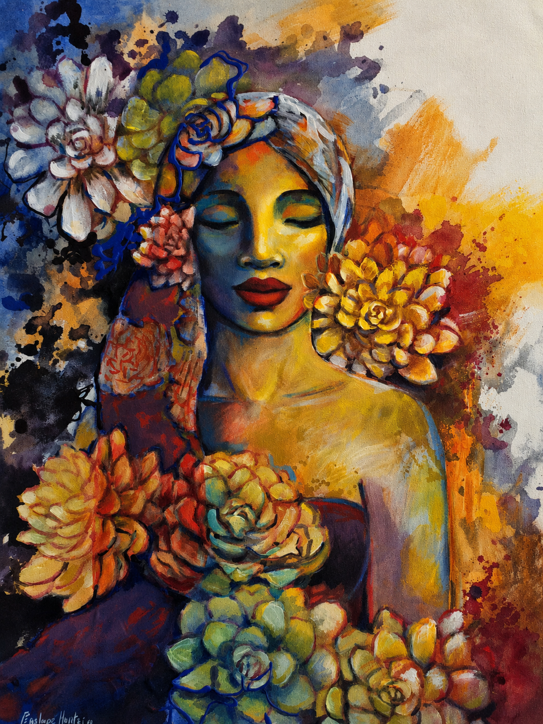 Penelope Hunter original acrylic painting on stretched canvas depicting a serene woman surrounded by colourful succulents and flowers