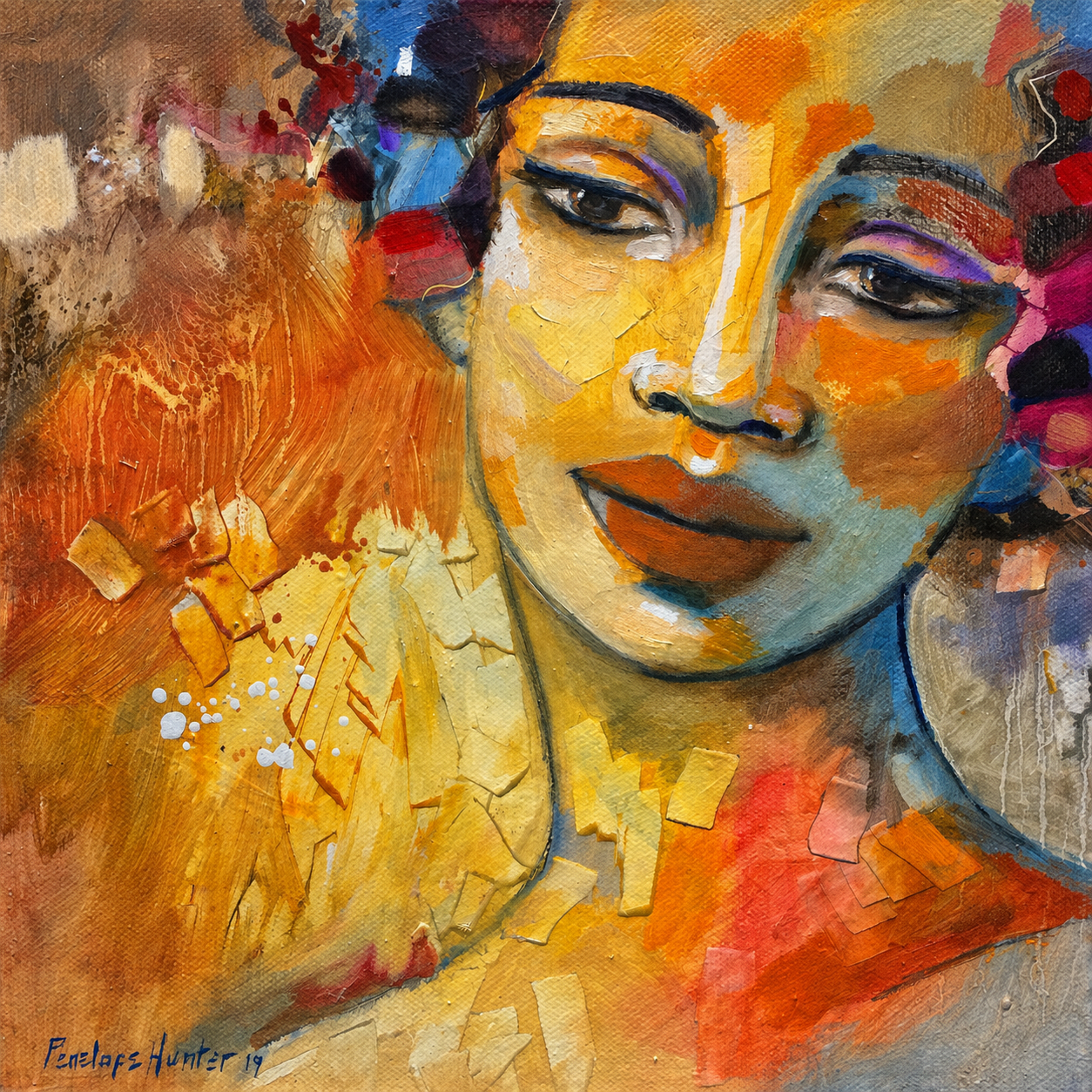 Penelope Hunter original acrylic painting on stretched canvas depicting a woman surrounded by warm golden, orange and blue abstract colour