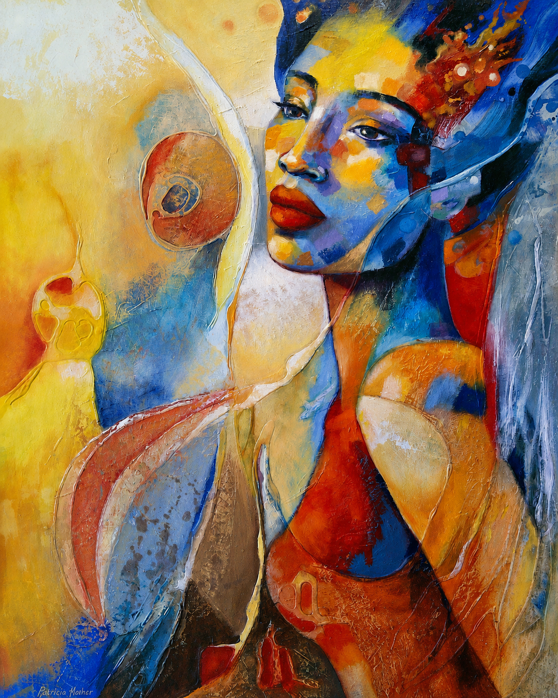 Penelope Hunter original acrylic painting on stretched canvas depicting a stylised woman beside sweeping blue, orange and cream abstract forms