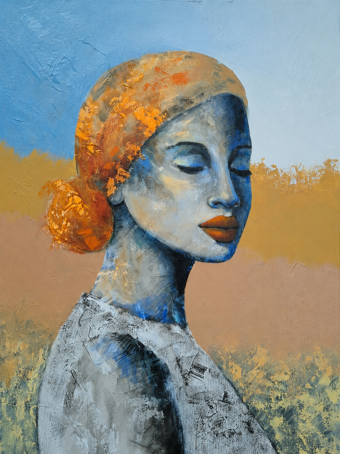 Penelope Hunter original acrylic painting on stretched canvas depicting a serene profile portrait of a young woman with closed eyes against a softly textured abstract background
