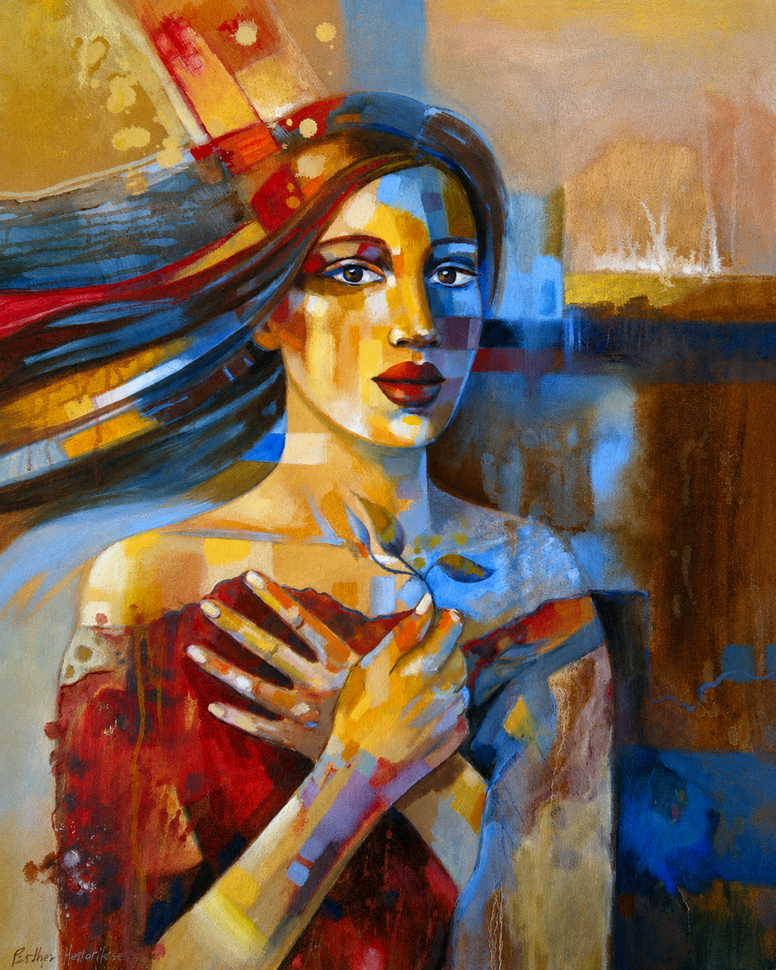 Penelope Hunter original acrylic painting on stretched canvas depicting a woman with windblown hair and hands held across her chest
