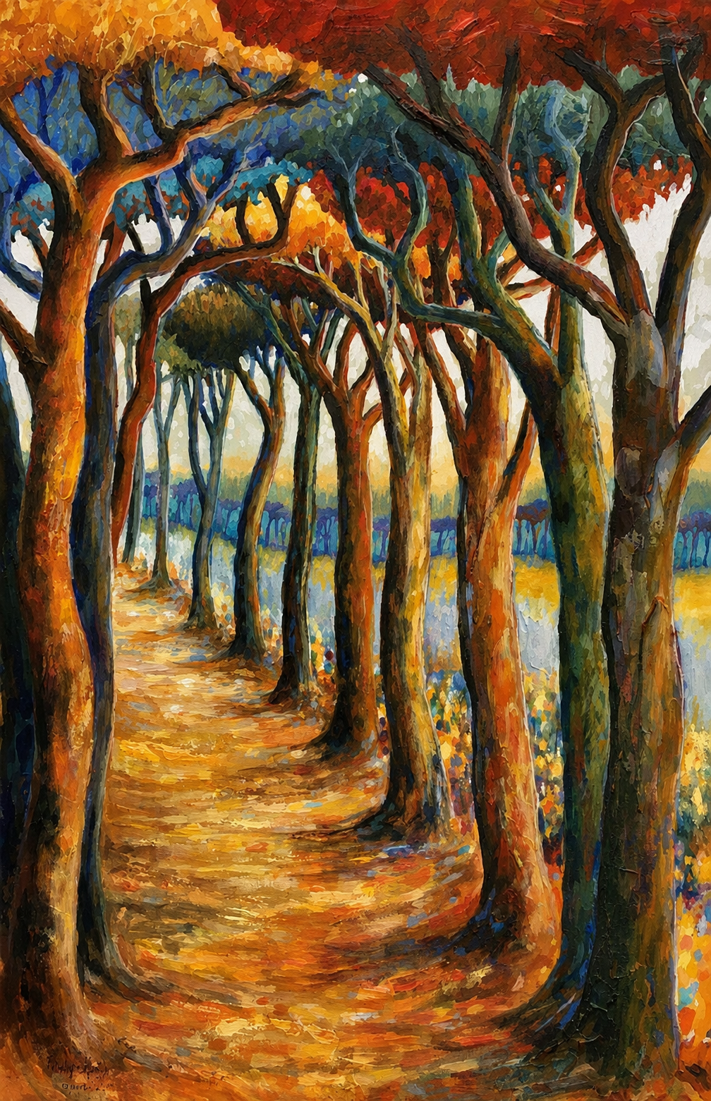 Penelope Hunter original acrylic painting on stretched canvas depicting a winding woodland path beneath an archway of tall trees