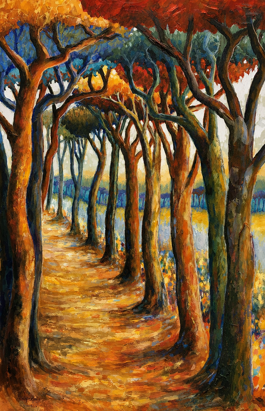 Penelope Hunter original acrylic painting on stretched canvas depicting a winding woodland path beneath an archway of tall trees