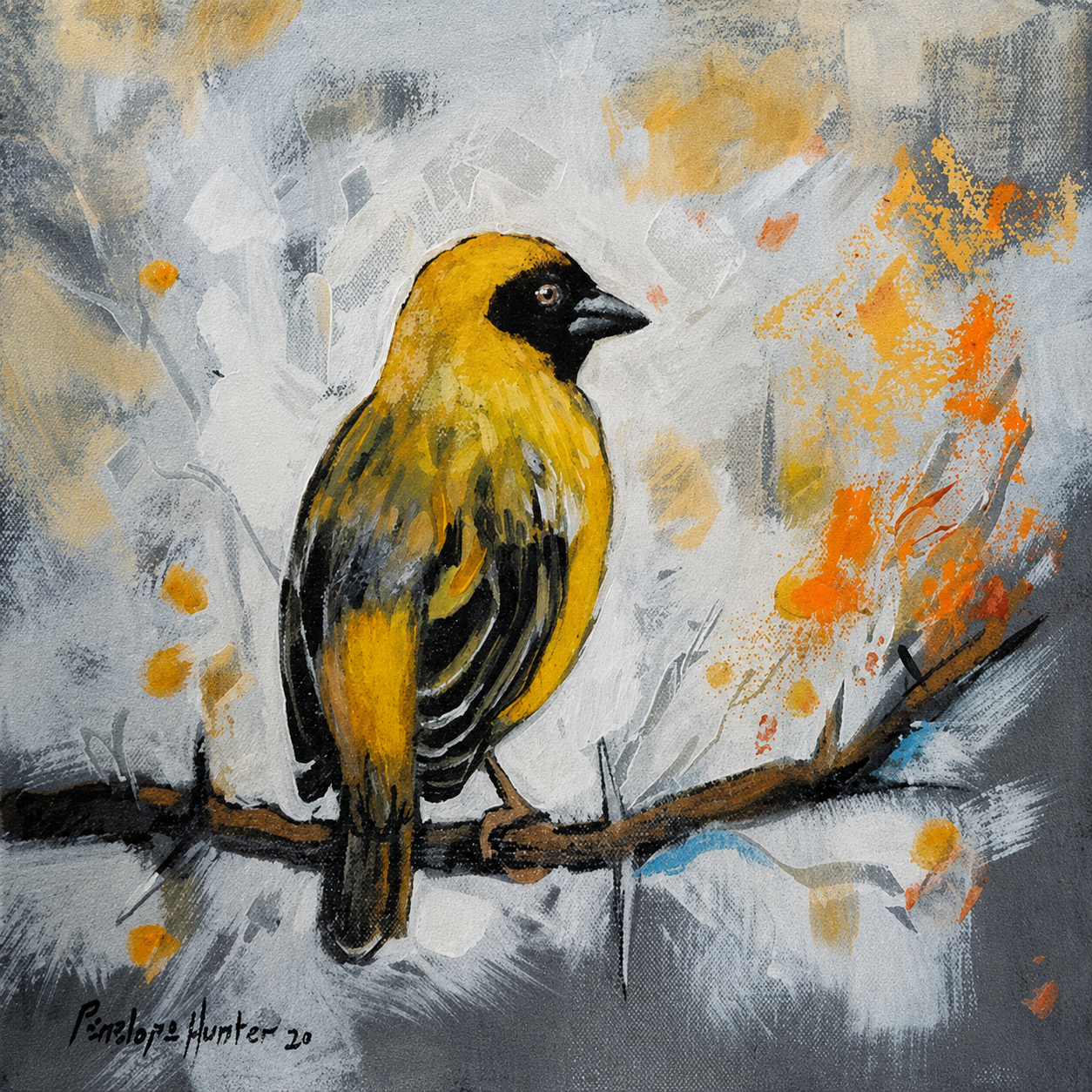 Penelope Hunter original acrylic painting on stretched canvas depicting a golden-yellow bird perched on a dark branch