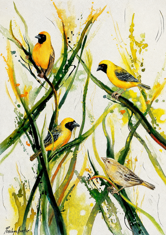 Penelope Hunter original acrylic painting on stretched canvas depicting four yellow and neutral birds perched among tall green reeds