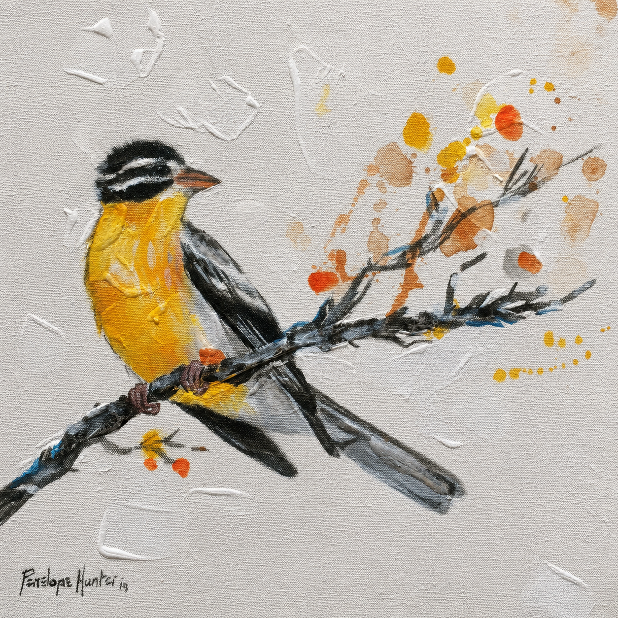 Penelope Hunter original acrylic painting on stretched canvas depicting a yellow and black bird perched on a delicate branch