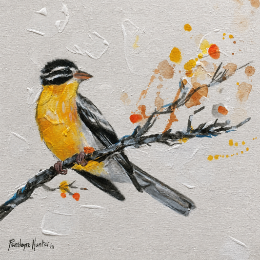 Penelope Hunter original acrylic painting on stretched canvas depicting a yellow and black bird perched on a delicate branch