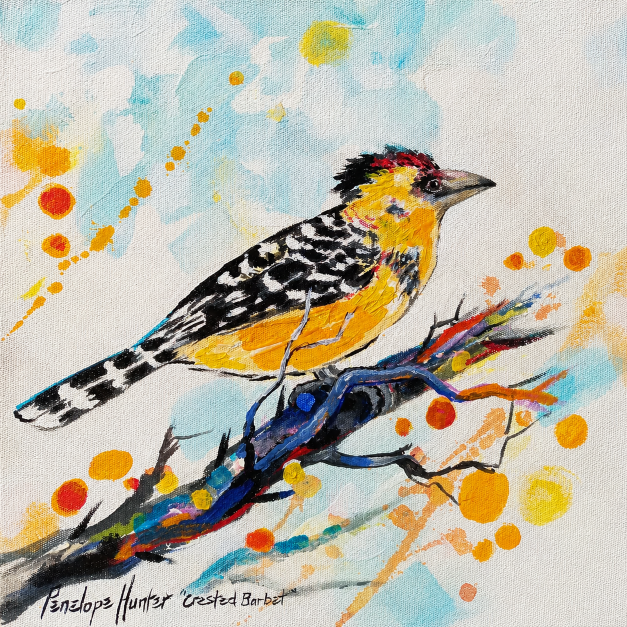 Penelope Hunter original acrylic painting on stretched canvas depicting a crested yellow and black bird perched on a colourful branch