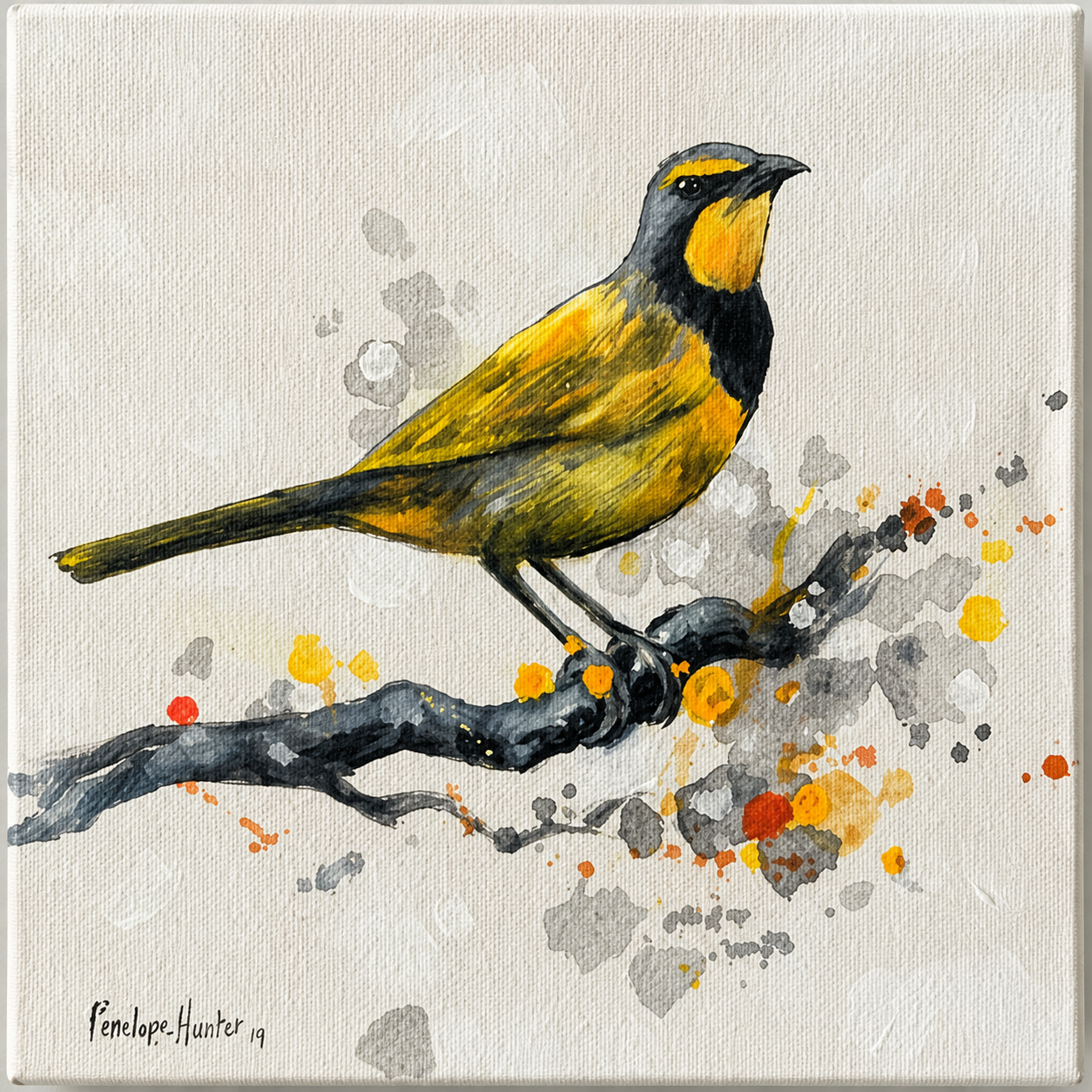 Penelope Hunter original acrylic painting on stretched canvas depicting an olive and black songbird with a golden-yellow throat perched on a branch