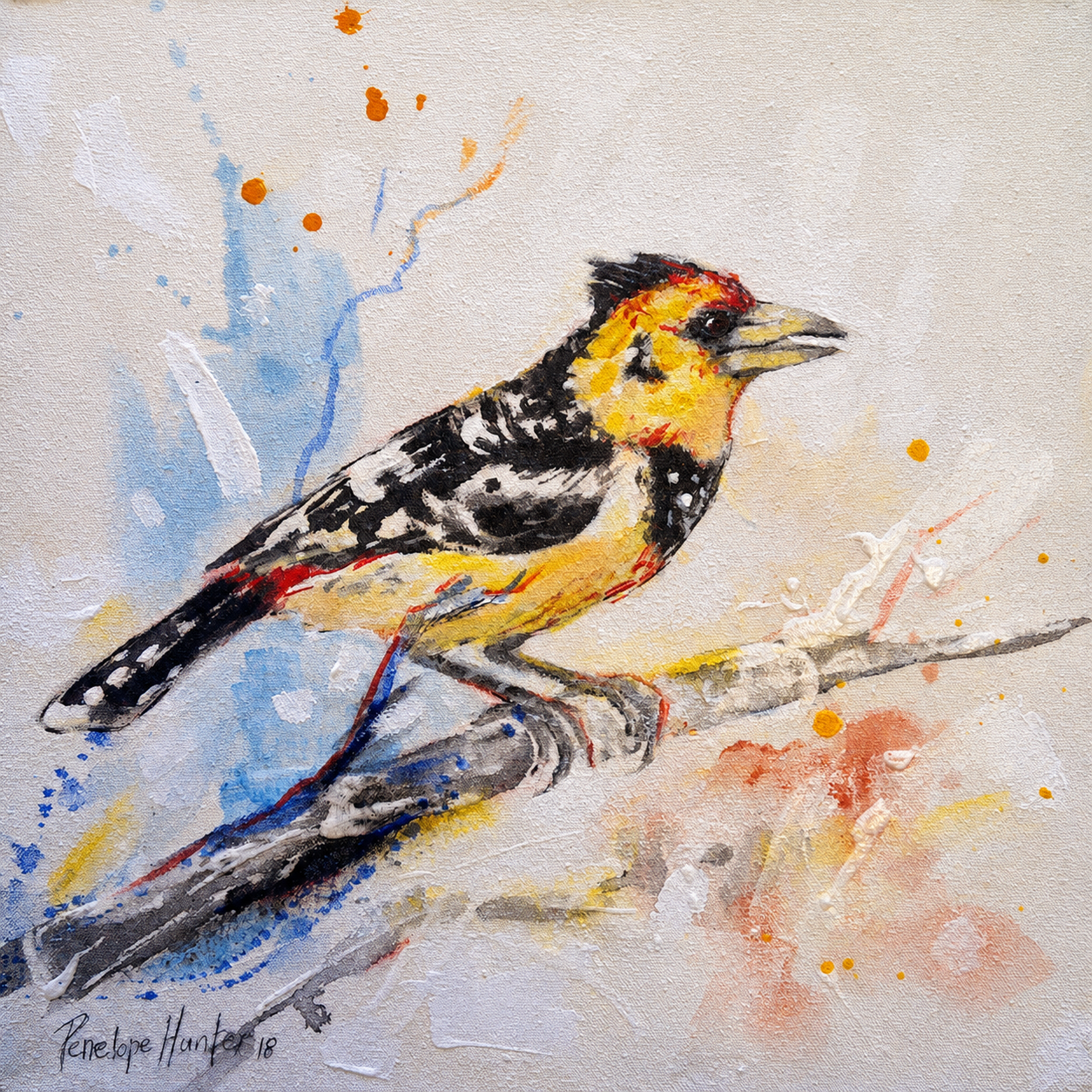 Penelope Hunter original acrylic painting on stretched canvas depicting a spotted yellow bird with black-and-white wings perched on a branch