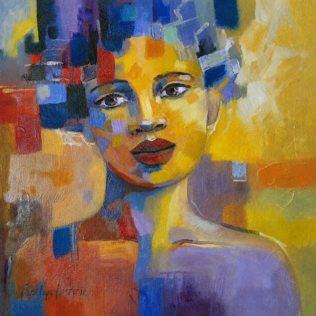 Penelope Hunter original acrylic painting on stretched canvas depicting a woman in geometric blocks of yellow, blue, violet and orange