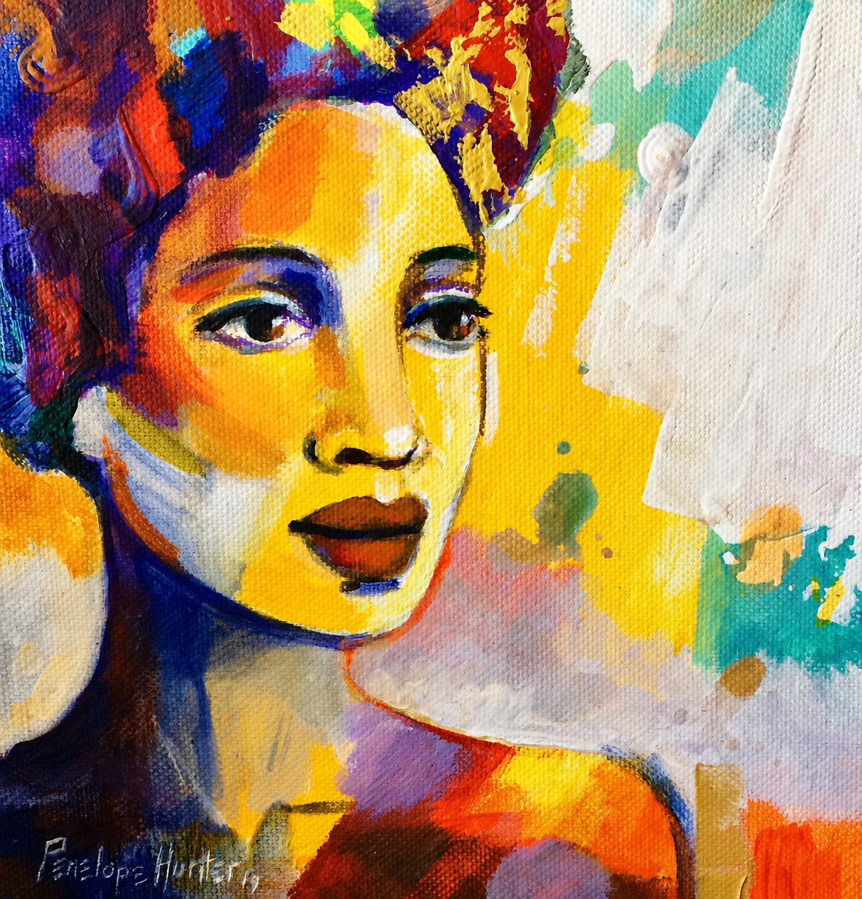 Penelope Hunter original acrylic painting on stretched canvas depicting a woman through vibrant blocks of yellow, blue, red and violet colour