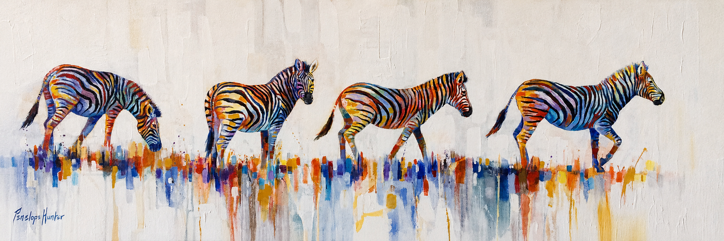 Penelope Hunter original acrylic painting on stretched canvas depicting four colourful zebras walking together across a panoramic landscape