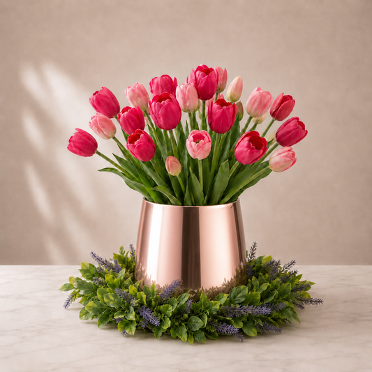 Pink Tulip Arrangement with Pink Vase photographed on a warm beige studio background