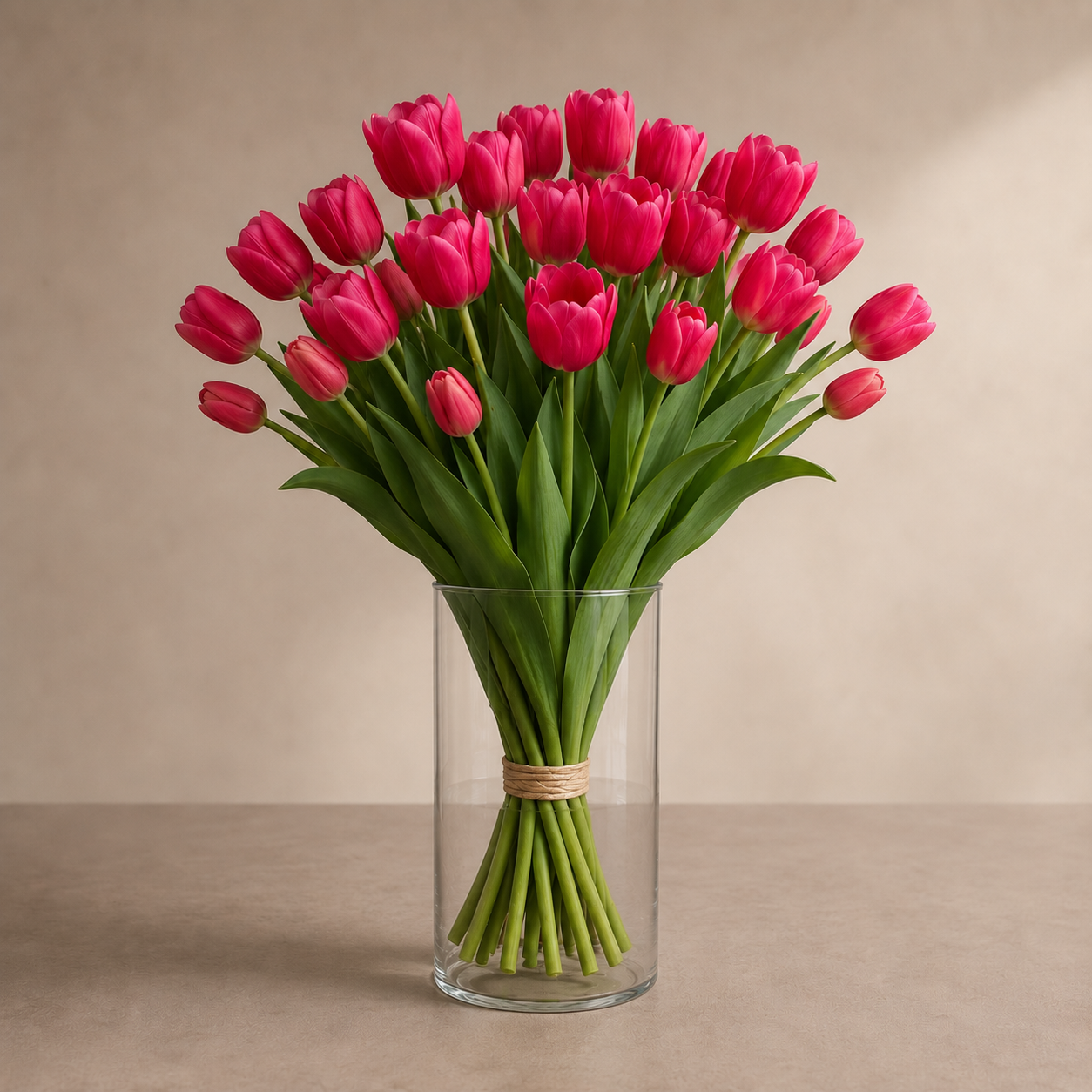 Pink Tulip Bouquet Clear Glass Vase photographed on a warm beige studio background