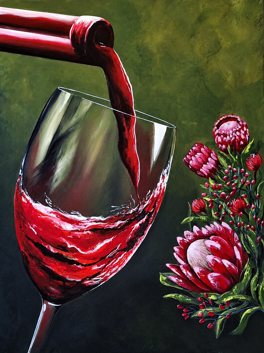Still life artwork depicting red wine pouring from a bottle into a tilted wine glass, accompanied by vibrant pink protea flowers against a deep olive-green background.