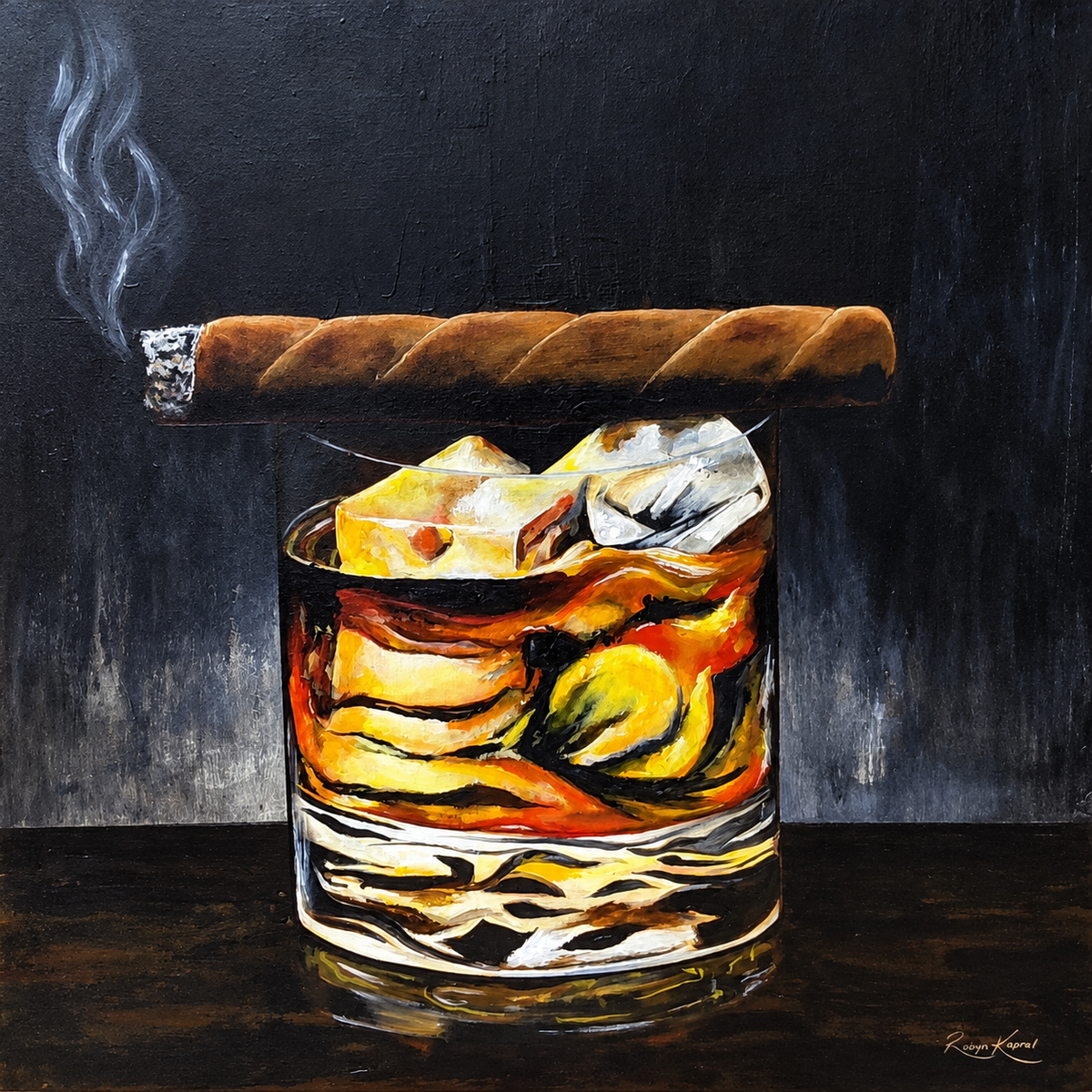 Robyn Kapral original acrylic painting of a smoking cigar above a glass of amber whisky with ice against a dark background