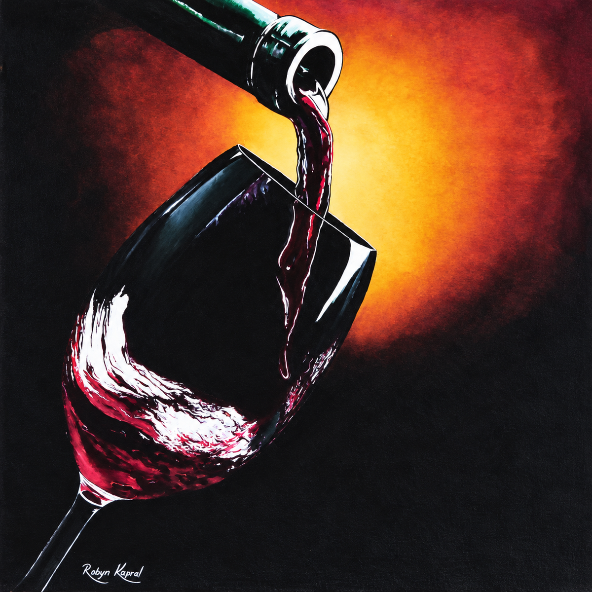 Robyn Kapral stretched canvas art print showing red wine pouring from a bottle into a tilted glass against a glowing orange background