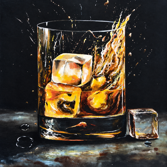 Robyn Kapral stretched canvas art print depicting amber whisky splashing into a glass filled with ice against a dramatic black background