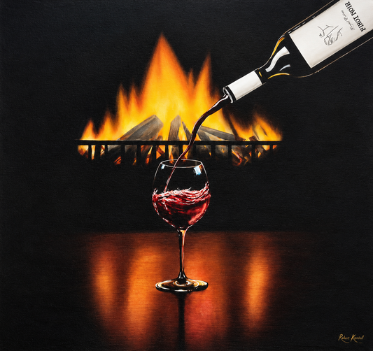 Robyn Kapral stretched canvas art print featuring a glass of red wine before golden flames with a tilted wine bottle against black