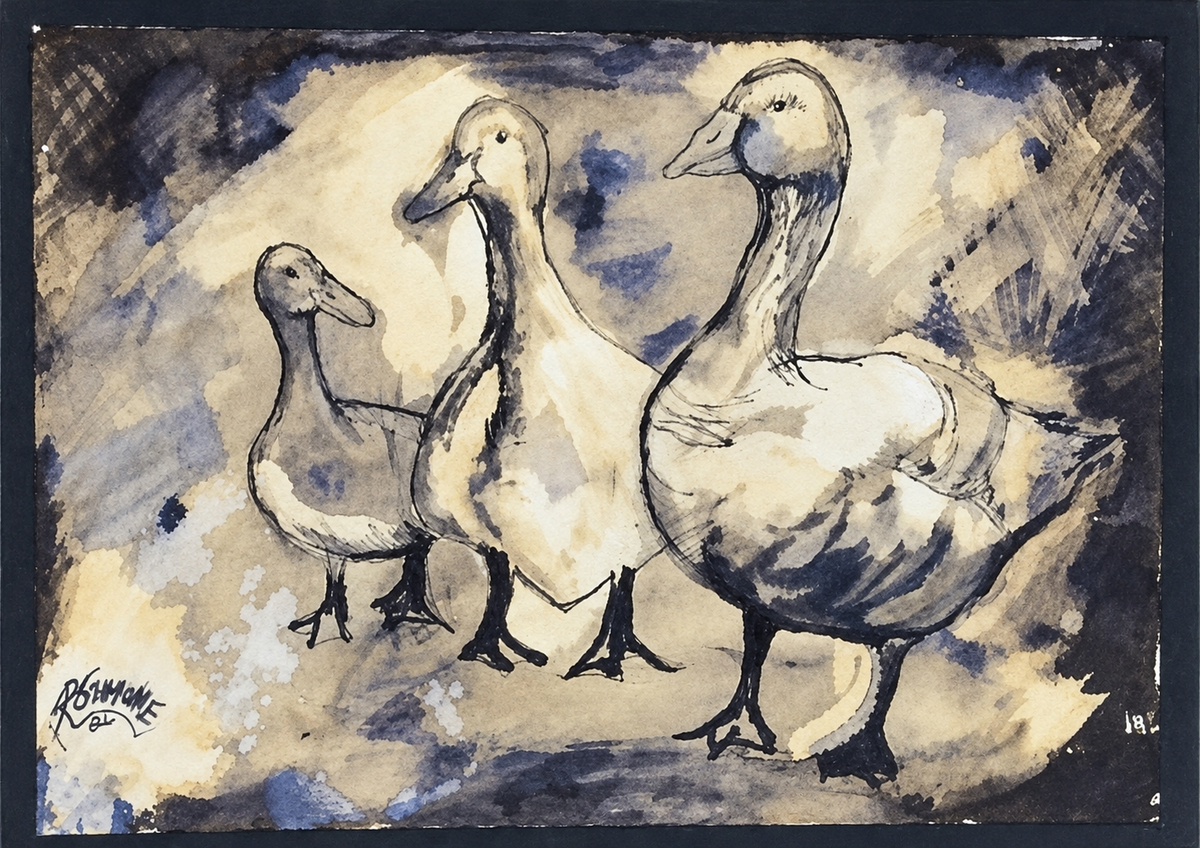 Three Ducks in Ink Wash by Rossi Polley, an original watercolour and ink painting featuring three ducks in muted blue and charcoal tones.