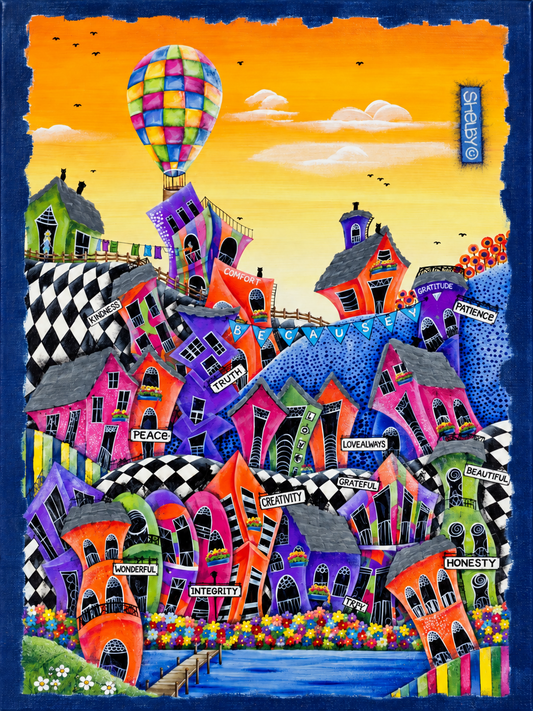 Shelby original artwork featuring a whimsical colourful village beneath a patchwork hot-air balloon and glowing orange-yellow sky