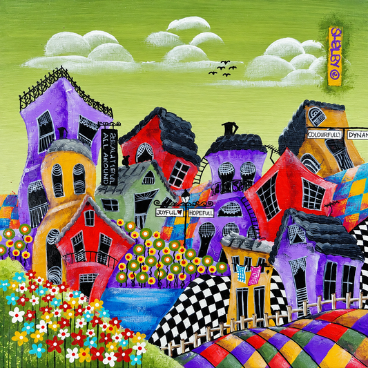 Shelby original artwork depicting a whimsical colourful village with crooked houses and flowers beneath a soft green sky
