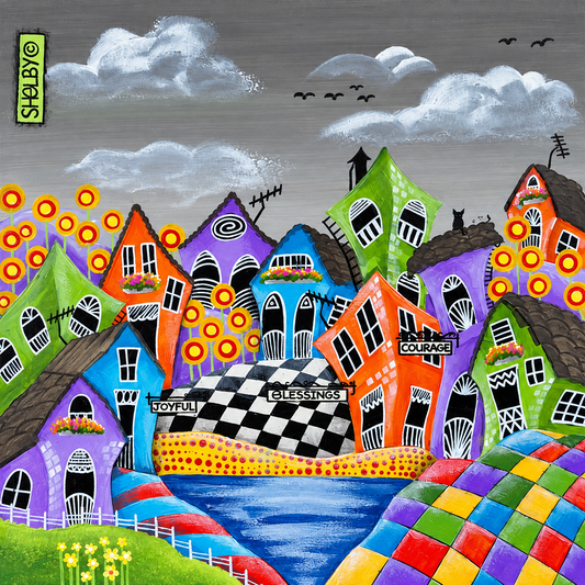 Shelby original artwork depicting a colourful whimsical village around blue water beneath a dramatic grey sky