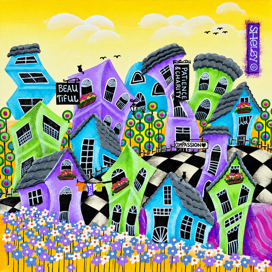 Shelby original artwork depicting a colourful whimsical village with crooked houses and checkerboard paths beneath a yellow sky