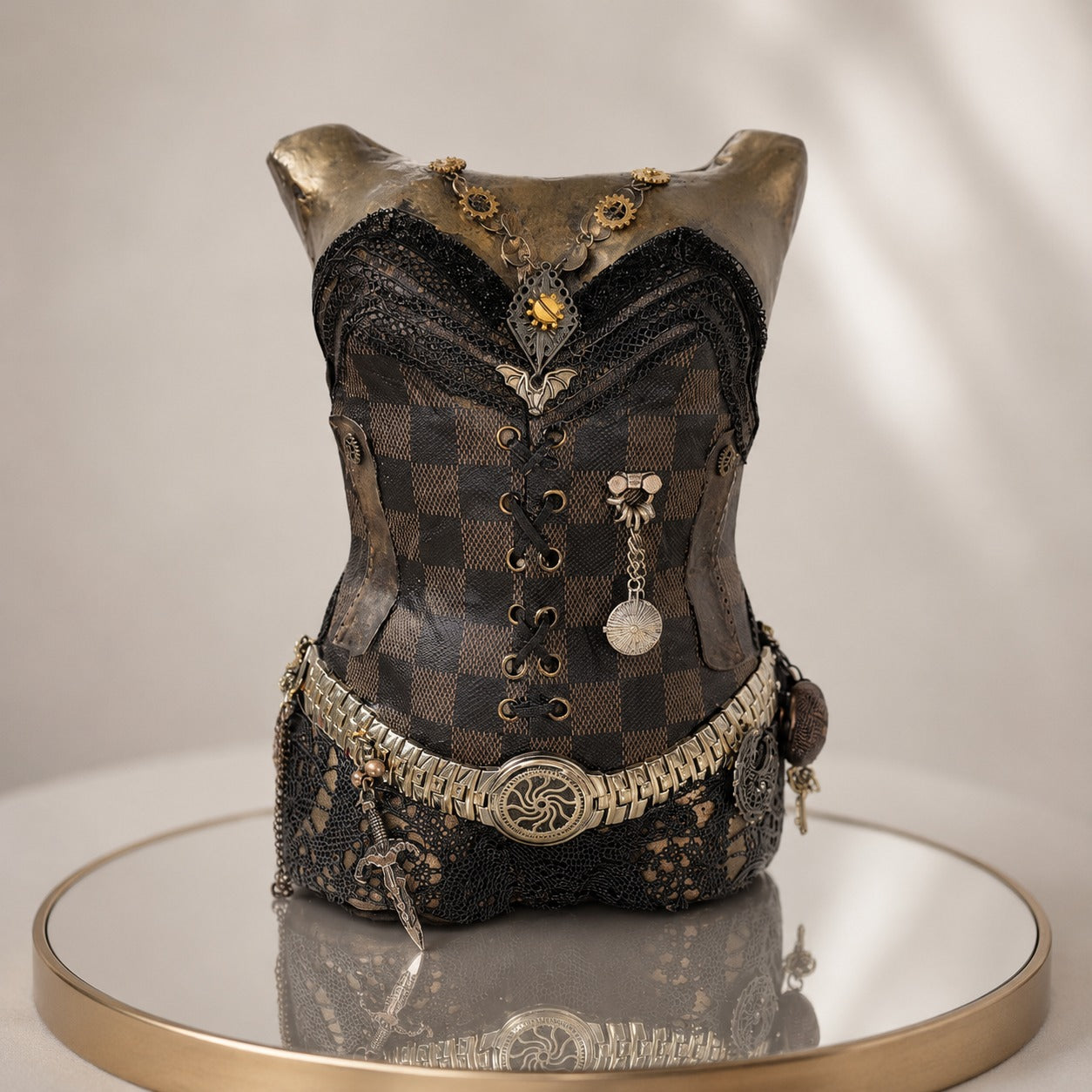 Handcrafted Steampunk Corset Ceramic Torso photographed on a warm beige studio background