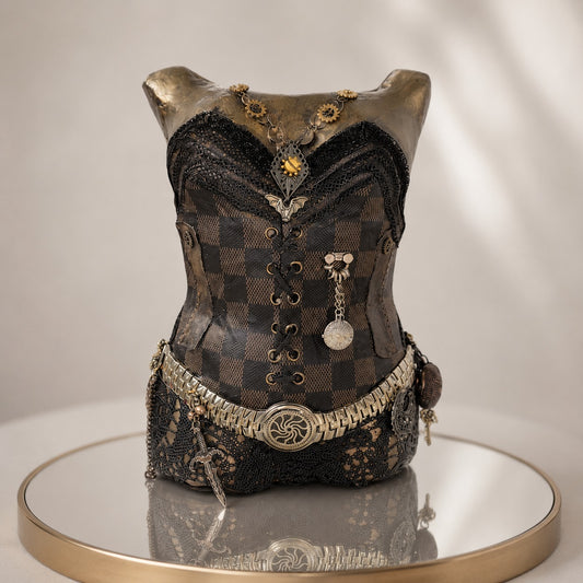 Handcrafted Steampunk Corset Ceramic Torso photographed on a warm beige studio background