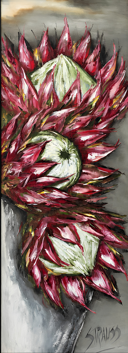 Steve Strauss original oil painting on mounted canvas depicting three close-up protea blooms in rich crimson, pink and soft green tones
