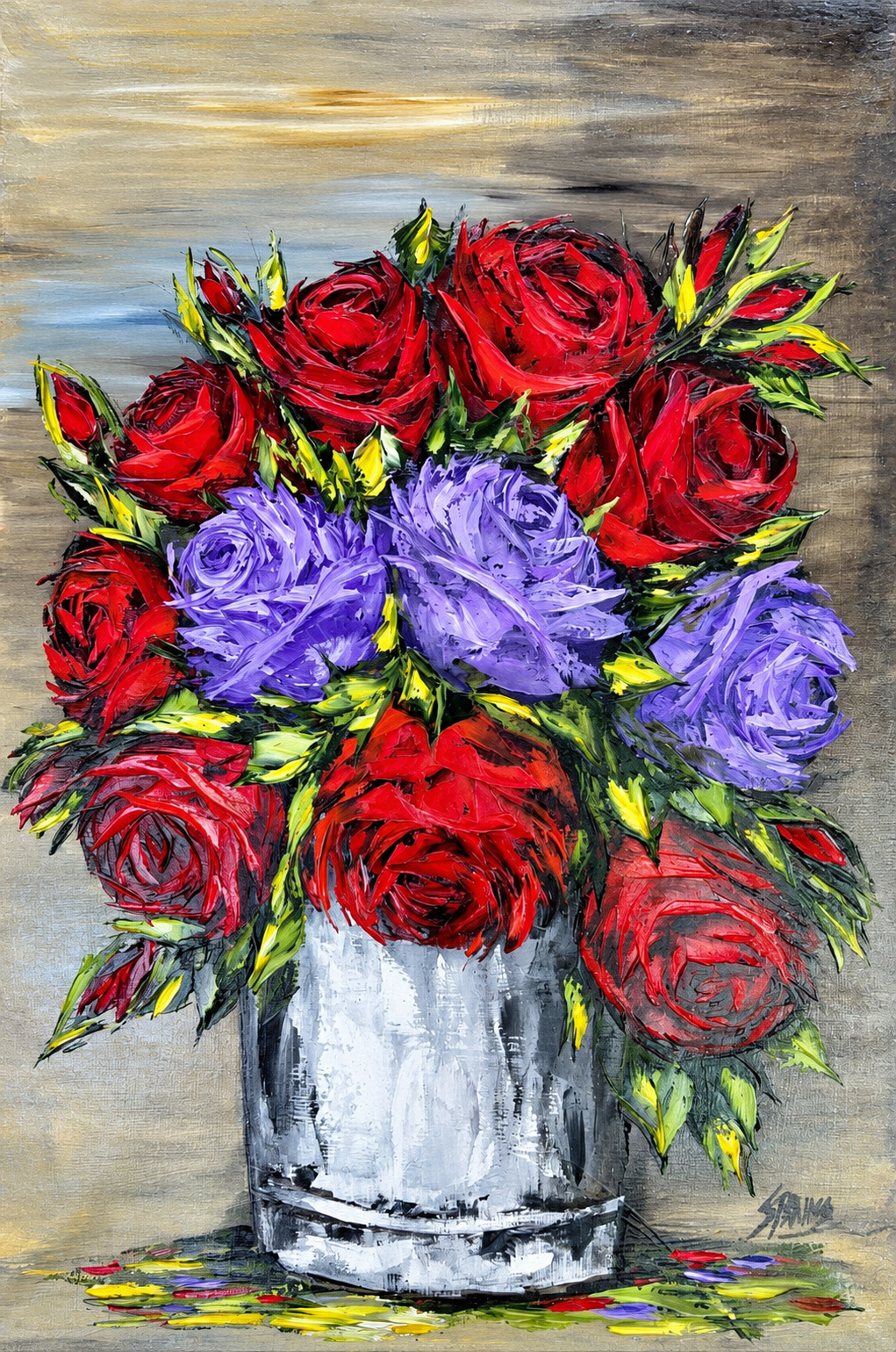 Steve Strauss original oil painting on stretched canvas depicting red roses and purple flowers arranged in a pale vase against a neutral background