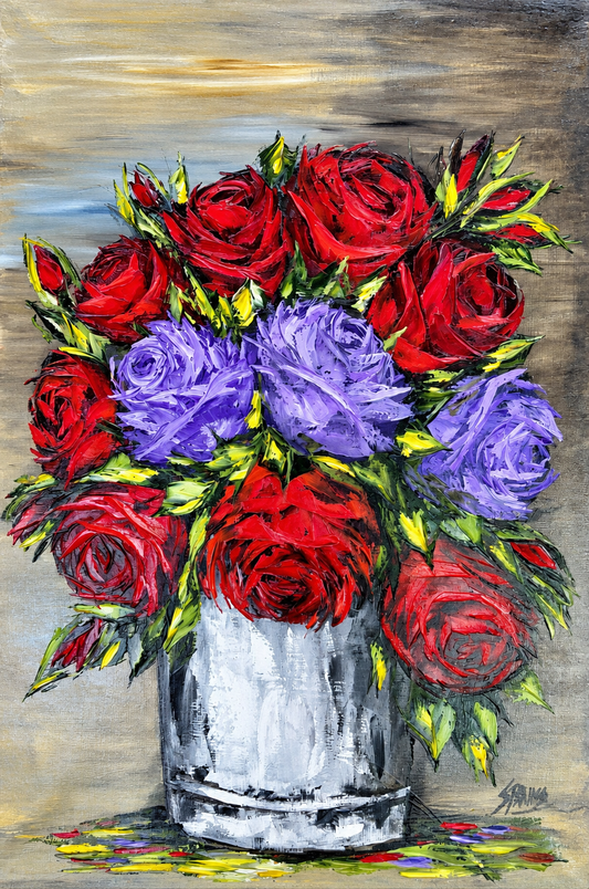 Steve Strauss original oil painting on stretched canvas depicting red roses and purple flowers arranged in a pale vase against a neutral background