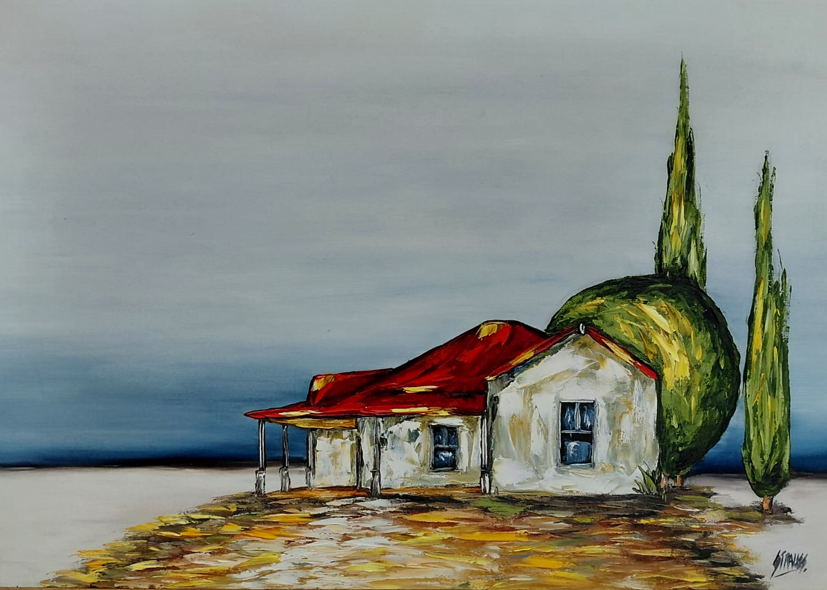 Steve Strauss original oil painting on mounted board depicting a white cottage with a red roof beside tall cypress trees beneath a muted grey-blue sky
