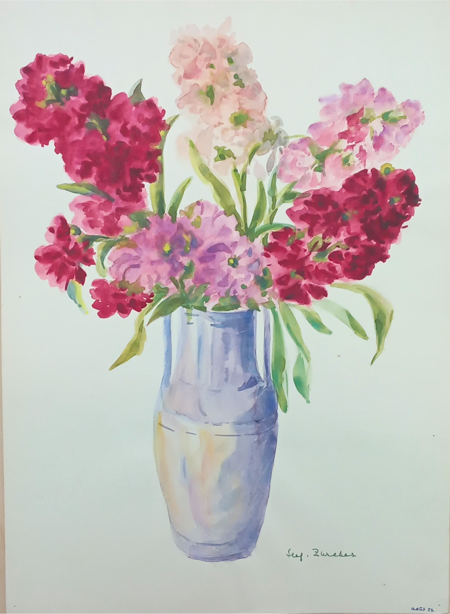Botanical watercolour by Suz Zurcher of pink and blush stock flowers arranged in a tall pale vase.