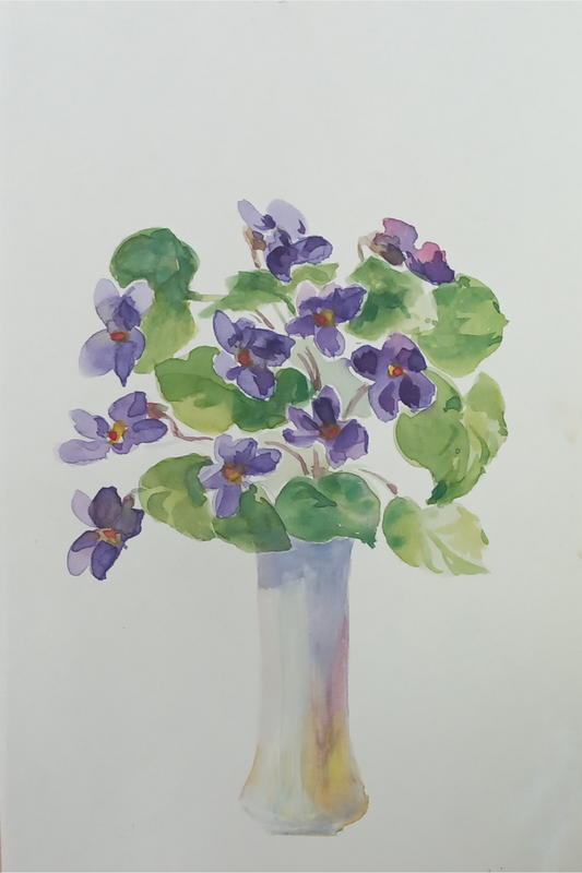 Suz Zurcher original watercolour artwork on artist paper depicting purple African violets arranged in a slender glass vase