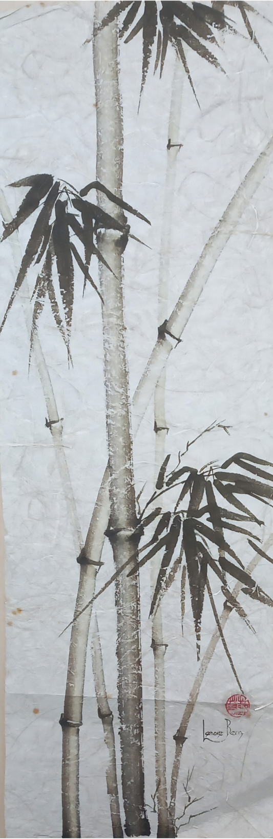 Suz Zurcher original botanical ink artwork on rice paper depicting tall bamboo stems and slender leaves in an expressive monochrome composition