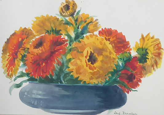 Suz Zurcher original watercolour artwork on artist paper depicting orange and yellow marigolds arranged in a rounded blue bowl